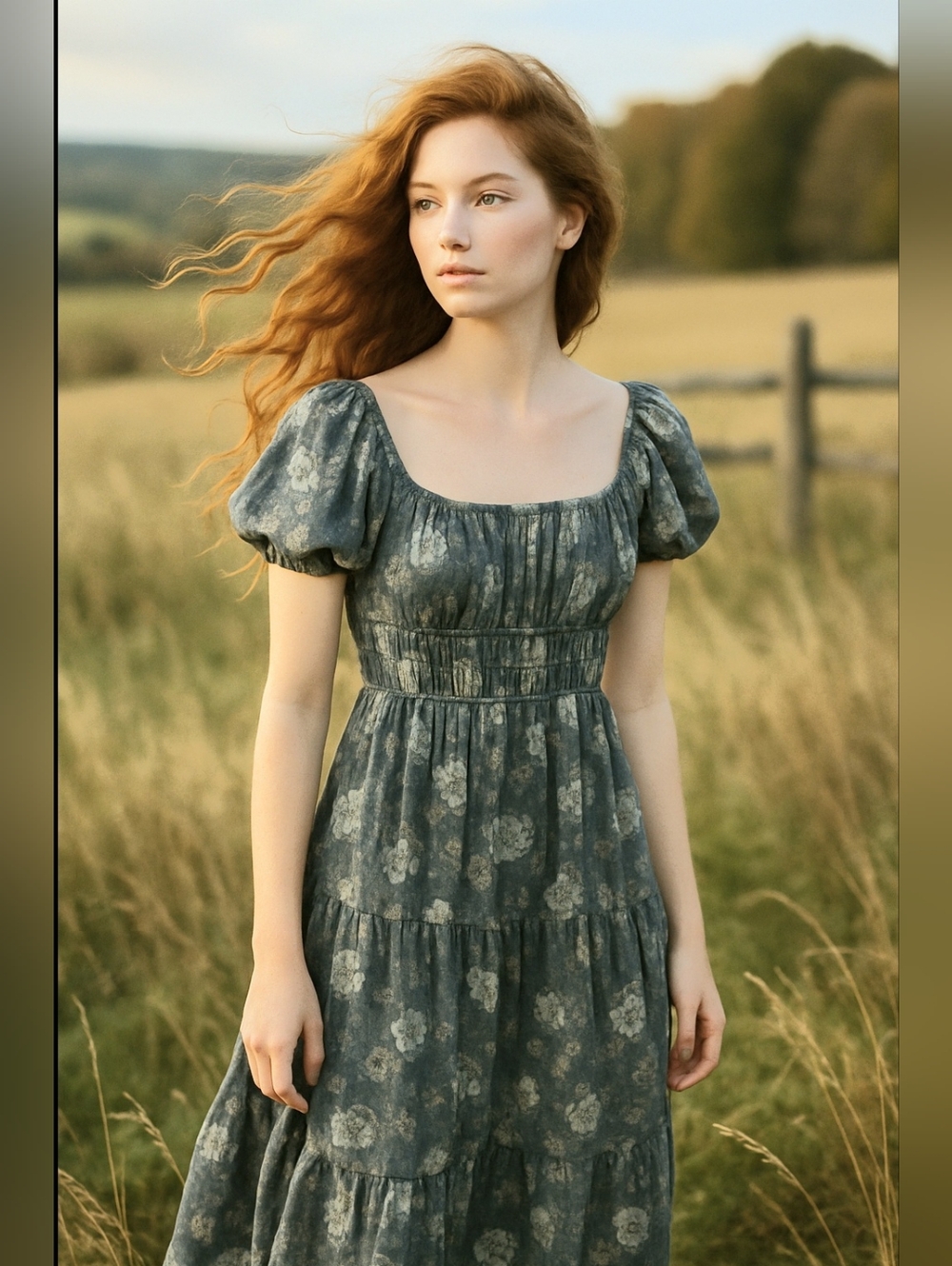 Floral Puff-Sleeve Midi Dress in Dusty Blue Floral Tiered Ruffle Smocked Waist